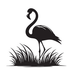 Obraz premium Flamingo Silhouette in the Grass: Elegant Black and White Bird Vector Graphic