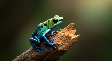 Fototapeta premium Vibrant poison dart frog perched on a weathered branch in the rainforest