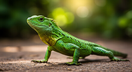 Striking green water dragon lizard basking in the sunlit forest floor serenity