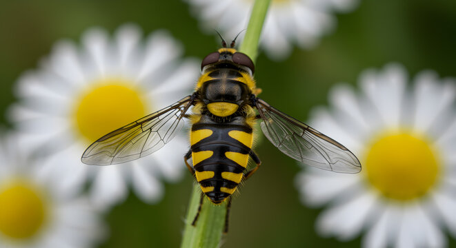 Striking hoverfly mimicry perched on a stem, surrounded by vibrant daisy blooms - Powered by Adobe