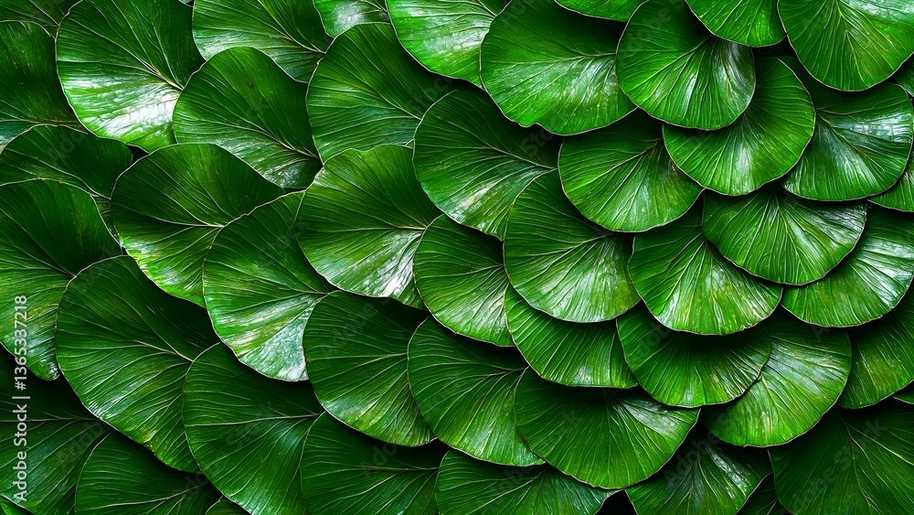 Poster a close-up view of lush, overlapping green leaves with a smooth, glossy texture arranged in a harmon