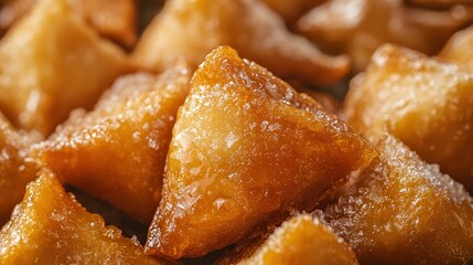 Close-up of golden-brown, triangular, fried pastries dusted with sugar.