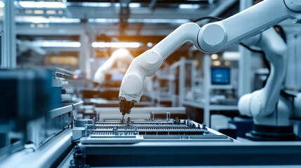 A high tech AI driven smart factory using robotic arms and automation systems to assemble highly specialized electronics with high precision, Industrial automation style, photo of