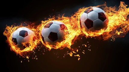 Fototapeta premium soccer balls on fire, against a black background