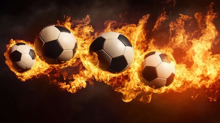 Fototapeta premium soccer balls on fire, against a black background