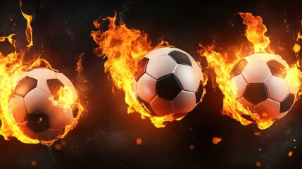 Naklejka premium soccer balls on fire, against a black background
