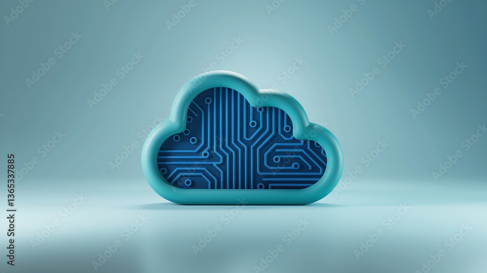 Poster teal cloud icon with blue circuit board inside, representing cloud computing, data storage, and digi