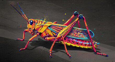 Vibrant and intricate illustration of a painted grasshopper with bright hues