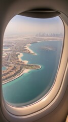 Fototapeta premium Airplane window jumeirah ocean dubai.