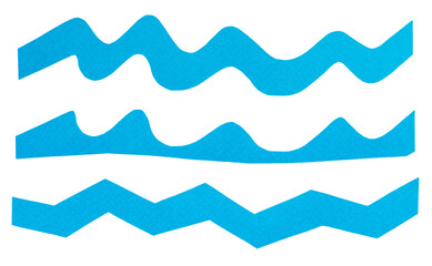 Set of curved wavy and zigzag stripes cut out of blue paper, isolated elements for collage