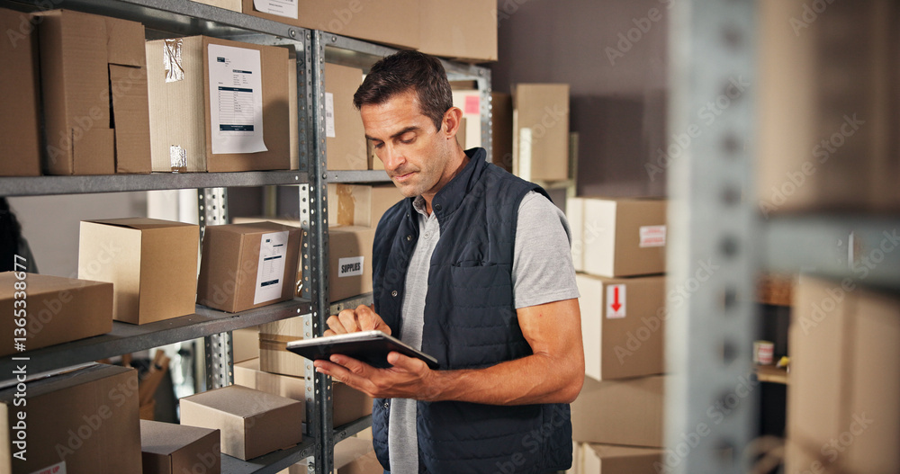 Poster supply chain, man and checklist with tablet for delivery, distribution and quality control for ecomm