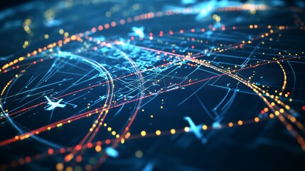 A high tech AI powered autonomous air traffic control system optimizing flight paths and reducing congestion in crowded airspace, Aviation technology style, photo of