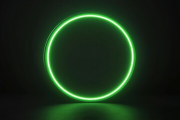 A glowing green circular shape is set against a dark background, creating a striking visual contrast.