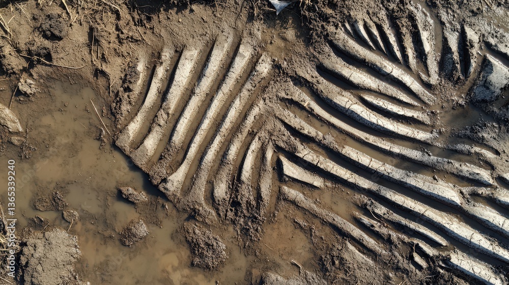Poster zebra hoofprints overlapping in a busy pattern near a watering hole in the savannah.