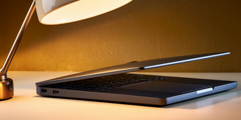 Dark gray laptop slightly open on white surface, illuminated by desk lamp, showcasing clean design and workspace scene, ideal for technology or productivity concepts