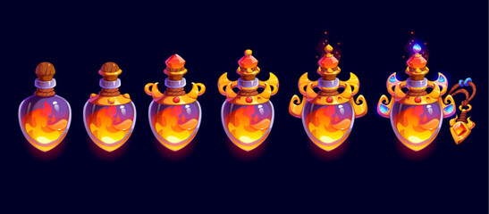 Fire magic rank badge, game level progress stage. Cartoon vector fiery magical potions in ornate mystical glass bottles, evolving from a simple flask to an enchanted artifact with glowing liquid