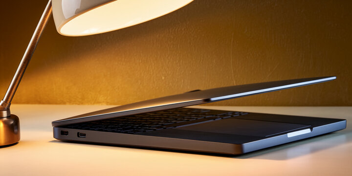 Dark gray laptop slightly open on white surface, illuminated by desk lamp, showcasing clean design and workspace scene, ideal for technology or productivity concepts