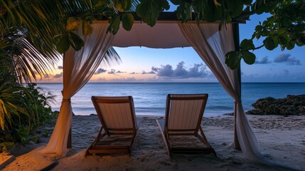 Beach chairs at twilight under canopy 