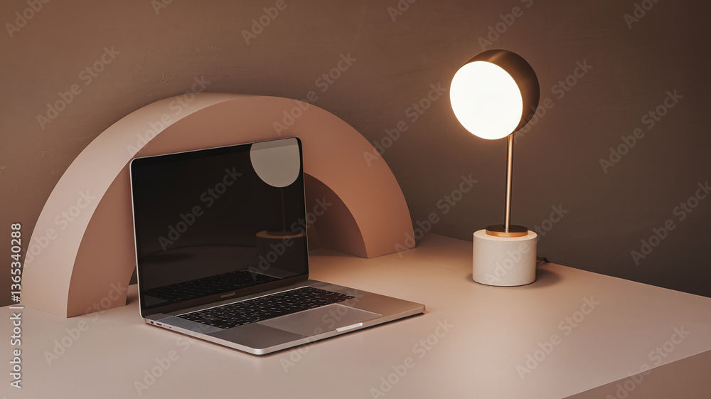 Poster laptop and illuminated lamp on neutral backdrop with curved element, showcasing a minimalist workspa