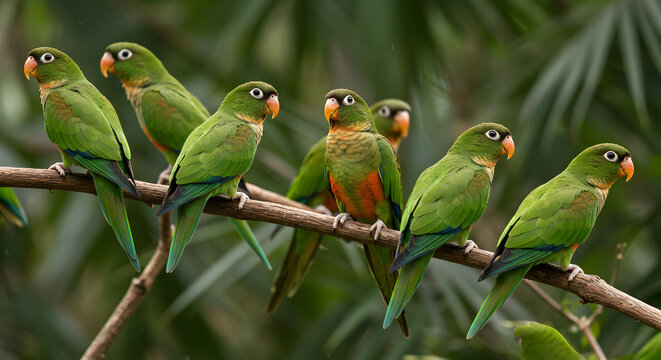 Vibrant flock of orangechinned parakeets perched on a branch in their habitat