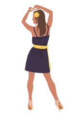Stylish beautiful Woman in fashion dress for evening or cocktail party, event. Pretty girl wearing stylish clothes, shoes. Flat vector realistic illustration isolated back view