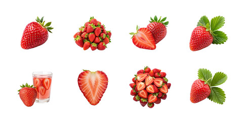 Strawberry set. Ripe fresh red strawberry isolated on transparent background. Summer delicious sweet strawberry organic fruit, food, diet, vitamins, creative layout. Food advertising