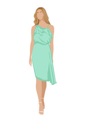 Stylish beautiful Woman in fashion dress for evening or cocktail party, event. Pretty blond girl wearing stylish clothes, shoes. Flat vector realistic illustration isolated