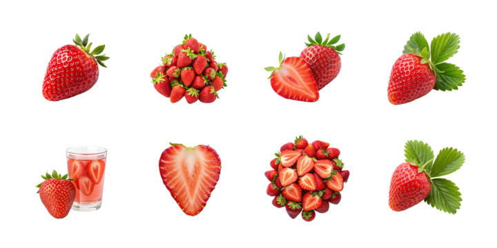 Strawberry set. Ripe fresh red strawberry isolated on transparent background. Summer delicious sweet strawberry organic fruit, food, diet, vitamins, creative layout. Food advertising