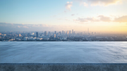 Fototapeta premium 都会の空とビルを望むコンクリートテーブルのクールな構図