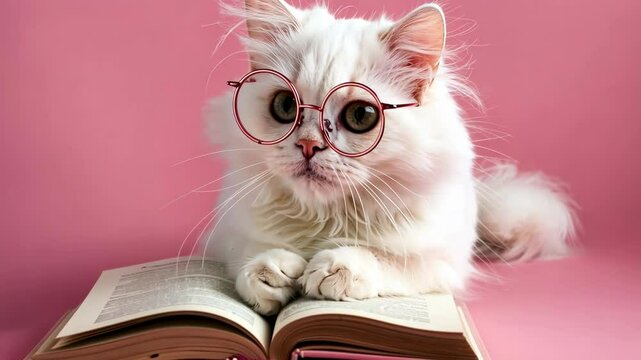 funny white cat with glasses and a book on a pink background. World Book Dae. Cute character for promotional products, banners, posters, postcards..National Book Lovers Day.