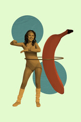 3D photo collage sketch of dynamic motivation workout sport lifestyle exercise healthcare effort young lady retro style ring banana fruit