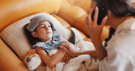 Phone call, fever and mother with girl, illness and disease with online consultation. Parent, kid...