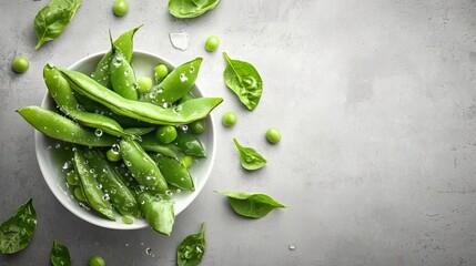 Obraz premium Fresh Green Beans with Water Drops in a White Bowl on a Gray Background for Commercial Use