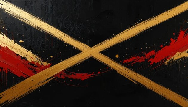 Abstract gold and red cross on black textured background