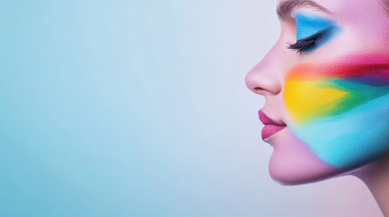 Pride Month  rainbow  visibility Profile of a woman with colorful face paint against a soft gradient background.
