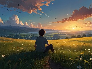 Fototapeta premium Sunset Serenity with Cat in Mountain Meadow