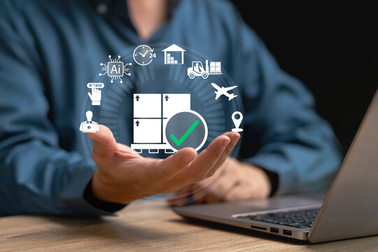 Smart warehouse management system Logistic and transport concept, Businessman customer management, Identity package picking and delivery, Supply chain technology, Organizing and control resources