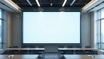 Empty conference room with large projector screen and rows of desks in modern office setting