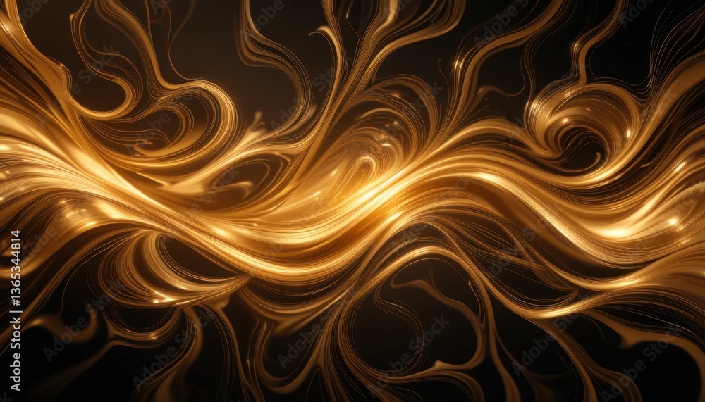 Poster golden swirling abstract waves with illuminated patterns in motion
