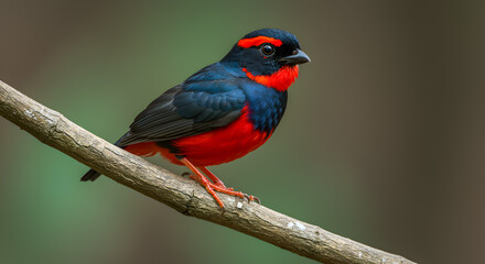 Obraz premium Vibrant Red-capped Manakin perched on a branch in lush foliage, nature's beauty