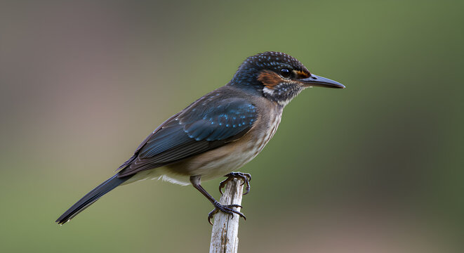 Striking close up of a colorful Dollarbird perched on a twig in nature