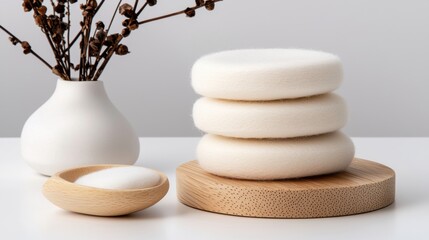 Three white, round, fluffy objects stacked on a wooden base, with a small wooden dish in front of them.