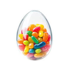 Clear Easter egg filled with colorful jelly beans, isolated on white background