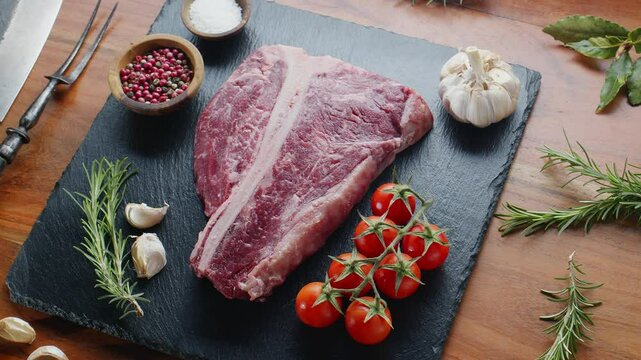 Raw T-bone steak with herbs and garlic and tomatoes on the serving slate board close-up. Top view.
