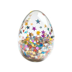 Clear Easter egg filled with tiny star-shaped confetti, isolated on white background