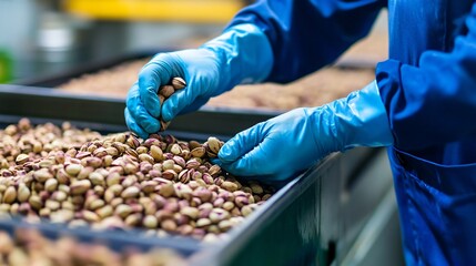 A field worker wearing gloves and sorting pistachios into different quality grades in a warehouse setting