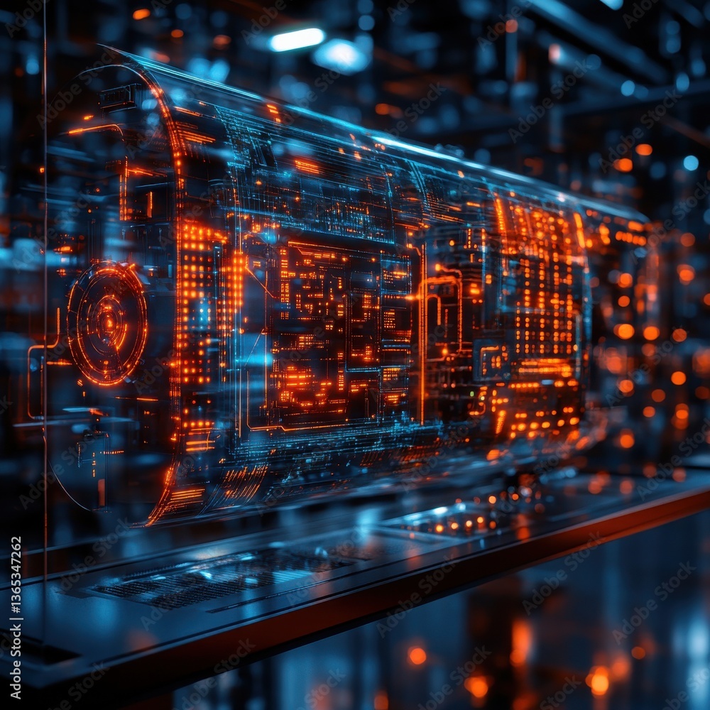 Poster futuristic digital display showcasing intricate neon circuitry and advanced technology