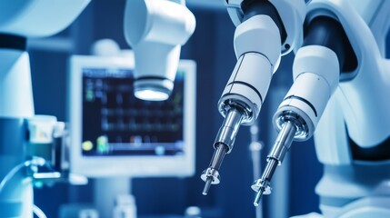 A high tech AI powered medical robot performing robotic assisted surgery with extreme precision and minimal patient recovery time, Robotic surgery style, photo of