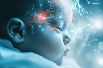 Obraz premium A futuristic depiction of a baby's profile with electric brain patterns, representing the connection between innocence and the wonders of emerging technology in a conceptual design.