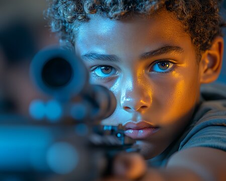 A young person looks directly through a rifles telescopic sight